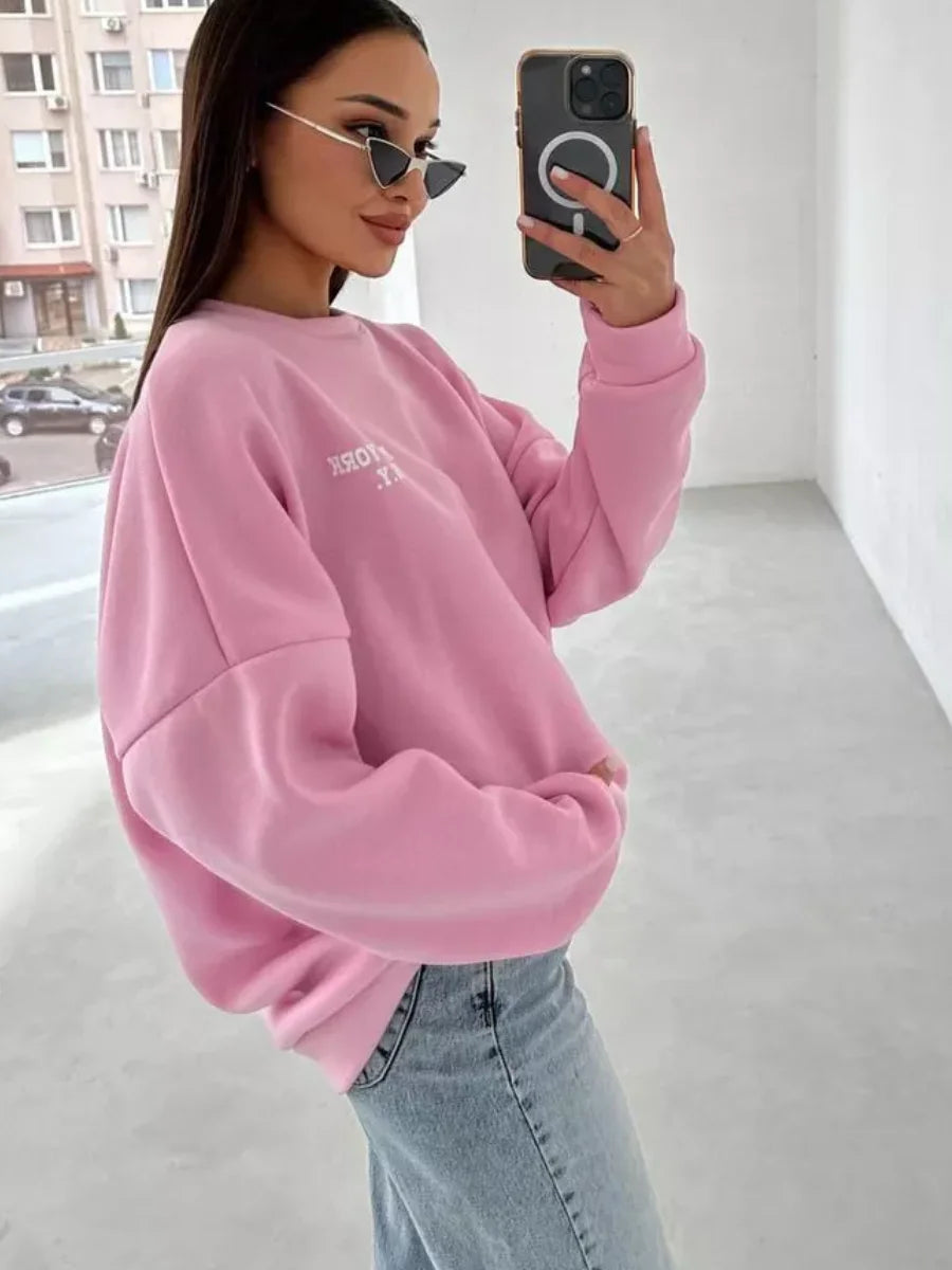 Popular Letter Printing Autumn Winter Loose Versatile Temperament Lazy Style Casual Round Neck Sweatshirt for Women