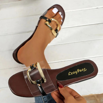 Summer 2025 New Women's Large Fashion Sandals and Slippers Summer New Flat Metal Strap Sandals