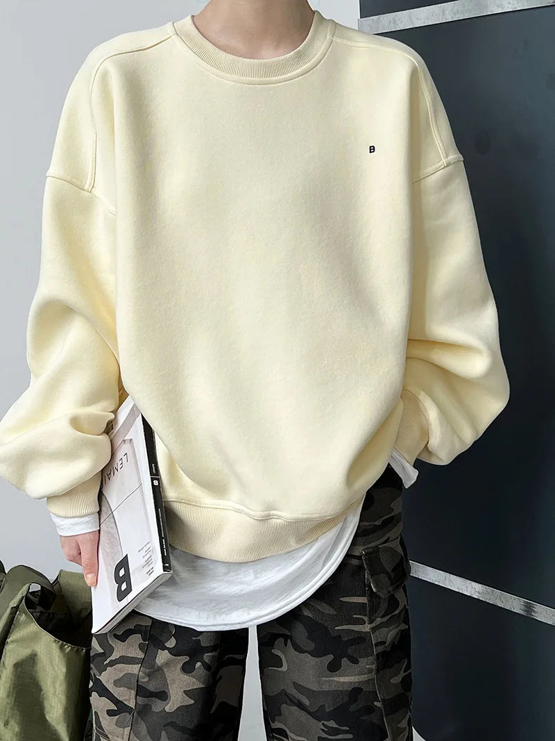 NS Pure Color Lazy Loose BF Hoodie Women's Simple Shape Sweatshirt Long Sleeve Letter Embroidery Top Casual Style Cotton Blend