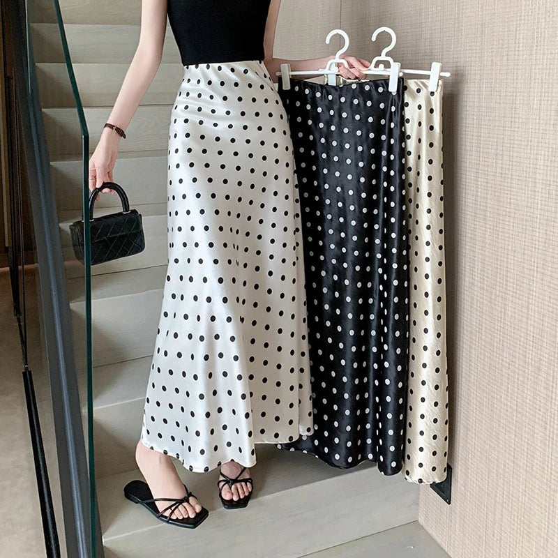 Seoulish High Waist Elegant Dots Printed Satin Women's Long Fishtail Skirts New Loose Office Mermaid A-line Skirts Female