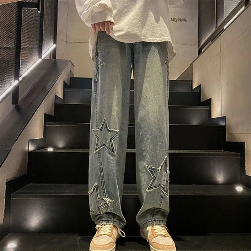 Xpqbb Y2K Vintage Streetwear Jeans Women Harajuku Star Aesthetic Wide Leg Denim Trousers High Waist Unisex Couple Straight Pants