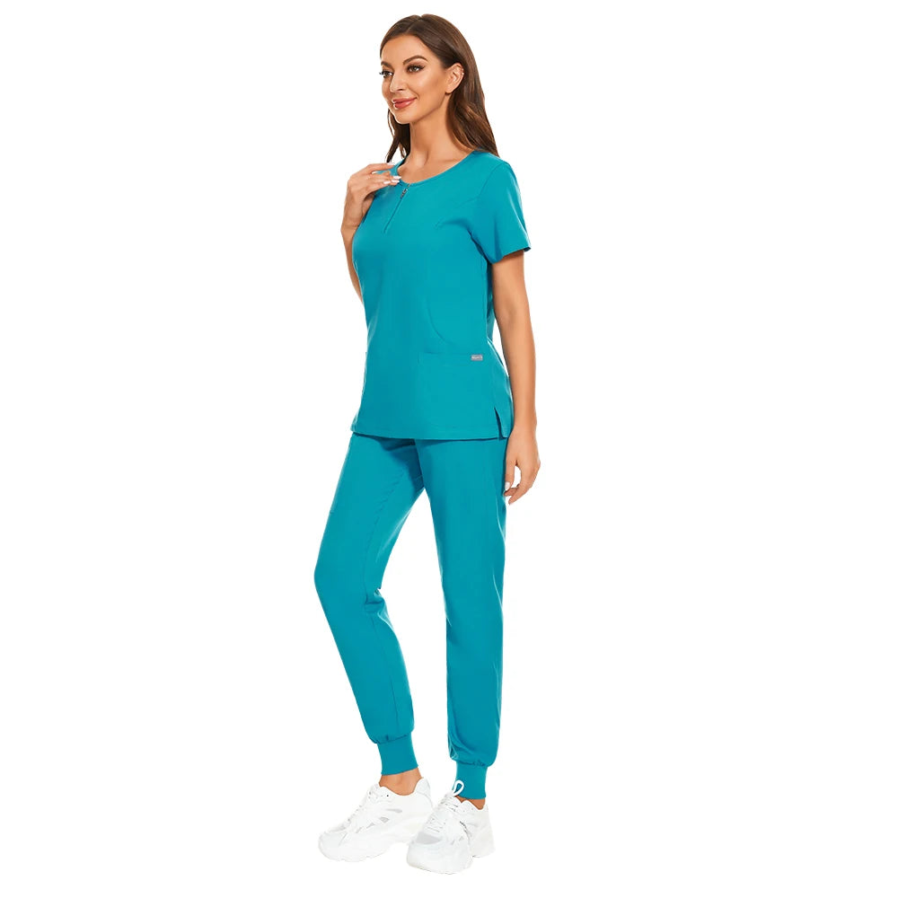 Wholesale 7 Colors Zipper V-neck Short Sleeve Pocket Nursing Working Top Pants Uniform Solid Breathable Soft Women Wear Suit