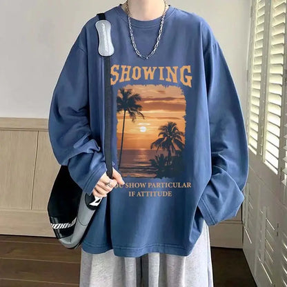 High Street Printing Plus Size Youth Tops Men's Spring Autumn New Trend Long Sleeve Fashion T Shirts Casual Korean Men Clothing