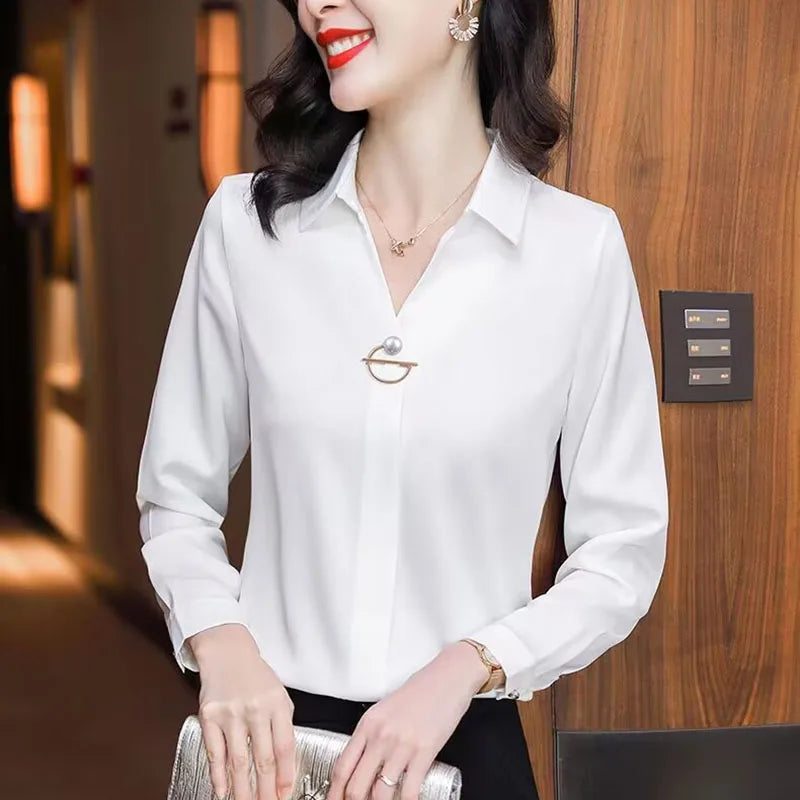Elegant Women Chiffon Blouse New Temperament Turndown Collar Office Lady Shirt Streetwear Casual Solid Color Tops Clothing