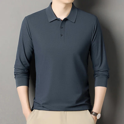 Autumn new men's long sleeved cotton polo shirt, middle-aged business, comfortable, solid color, loose men's lapel T-shirt