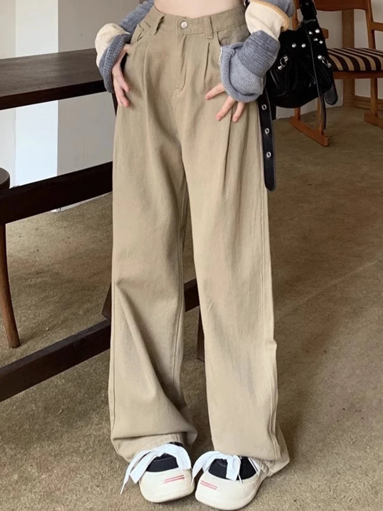 Woman High Waist Straight Leg Jeans Lady Loose Denim Wide Leg Pants Girls Korean Khaki Retro Blue Light Blue Gray White Trousers