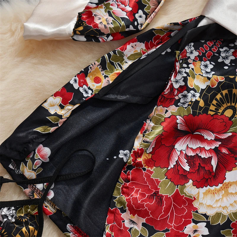 Japanese Kimono V-neck Printed Flower Bow Waist Shaping Cardigan Dress Women Clothing Loose Long Sleeve Vintage Sexy Lace-up New