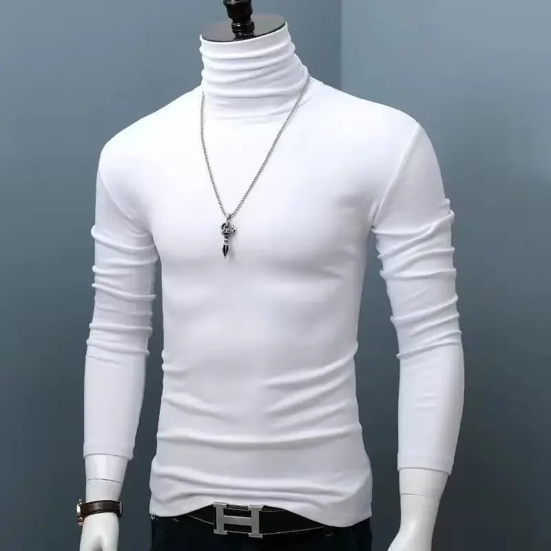 Slim Fit High Collar Long Sleeve Men's Base Shirt Inner Wear Simple Pure Color Large Size Warm Autumn Winter T-shirt Trendy Bran
