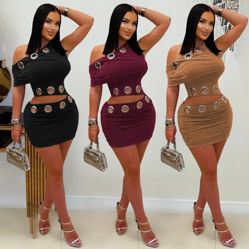 Sexy Night Club Party Birthday Outfit Woman 2 Piece Sets Fall Winter 2025 Metal Ring Hollow Out Crop Top and Mini Skirt Set