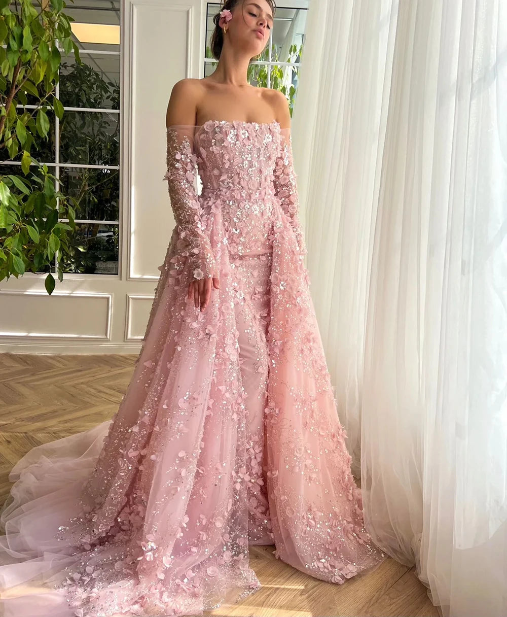 Elegant 3D Flower Evening Dress with Detachable Skirt 2025 & 2026 Luxury Mermaid Long Sleeves Formal Prom Wedding Party Gown Customized