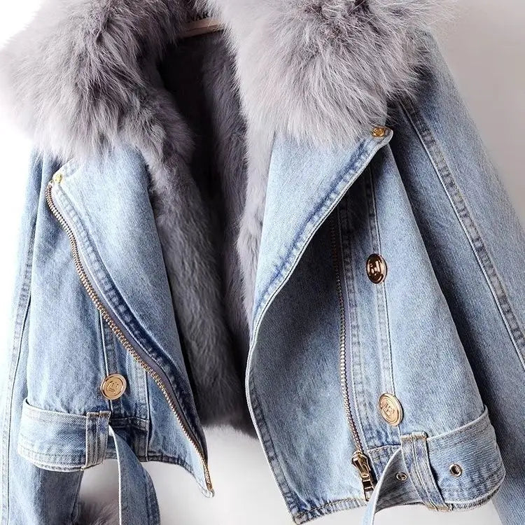 New Women Faux Fox Fur Collar Jean Coat Winter Jacket Female Short Warm Parkas Rabbit Hair Lining Outwear Fashion Overcoat