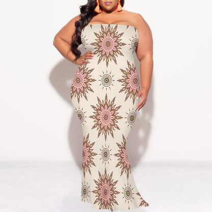 Plus Size Strapless Maxi Dress with Stylish Gold Geometric Design, Modern and Trendy