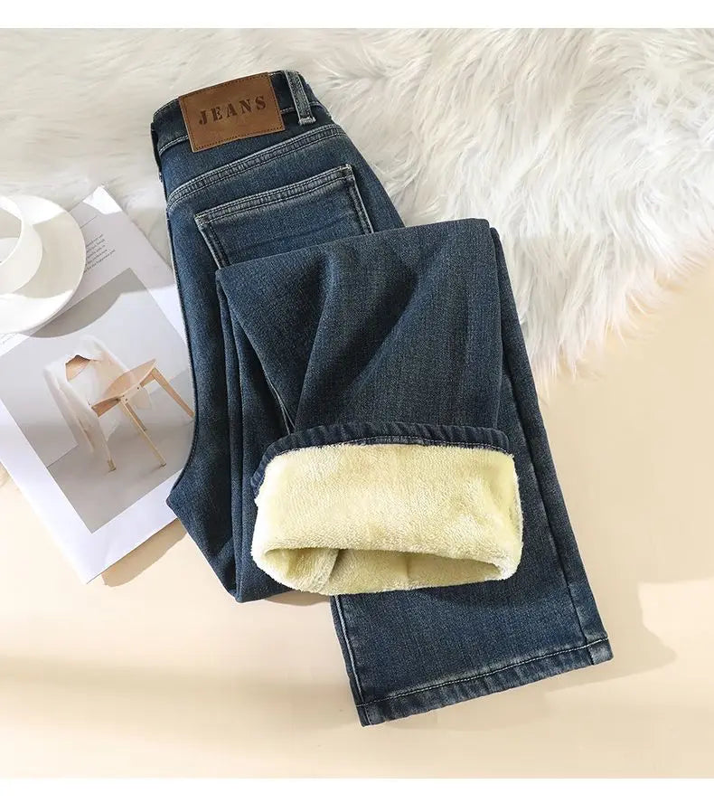 Woman High Waist Fashion Thermal Wide Leg Jeans Female Y2k Clothes Baggy Pants Girl Autumn Winter Snow Versatile Denim Trousers