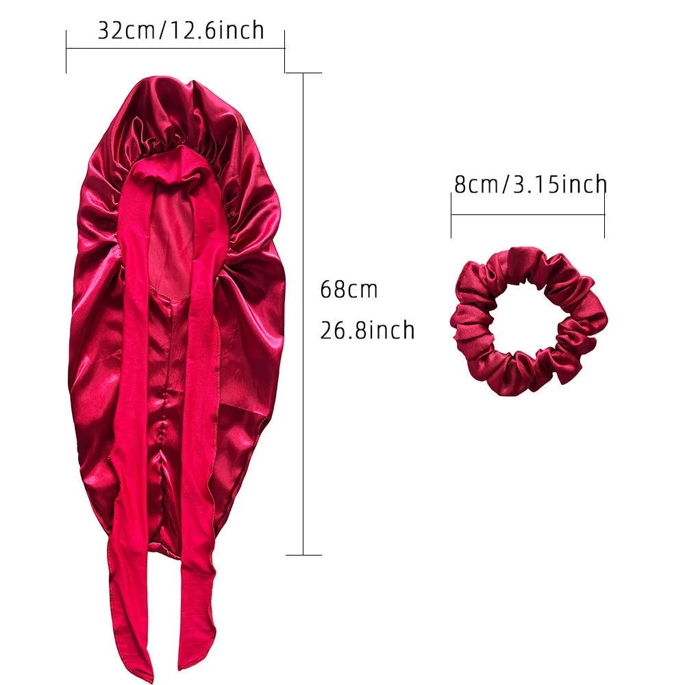 Women Bonnet Satin Sleeping Hat Long Tail Braid Hair Night Sleep Cap Head Cover Bonnets Shower Caps for Sauna Bathing Bonnet