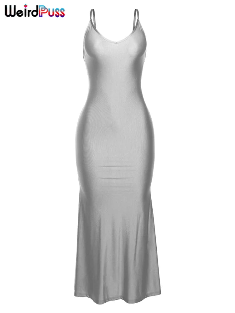 Weird Puss Sexy Backless Women Evening Maxi Dress Folds V-Neck Sleeveless Coquette Elegant Mermaid Matching Banquet Prom Bodycon