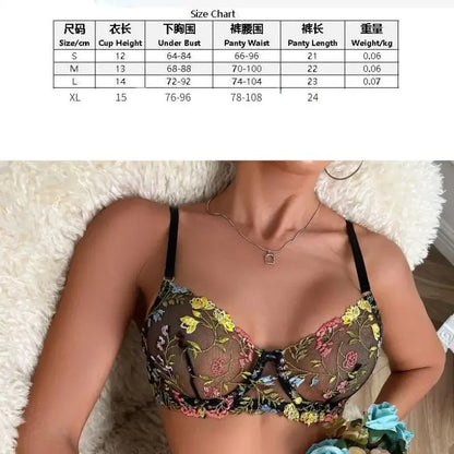 Floral Embroidery Lace Bras Set Women Sheer 2-Piece Sexy Bra + Panties Lingerie Fashion Underwear Set Intimates