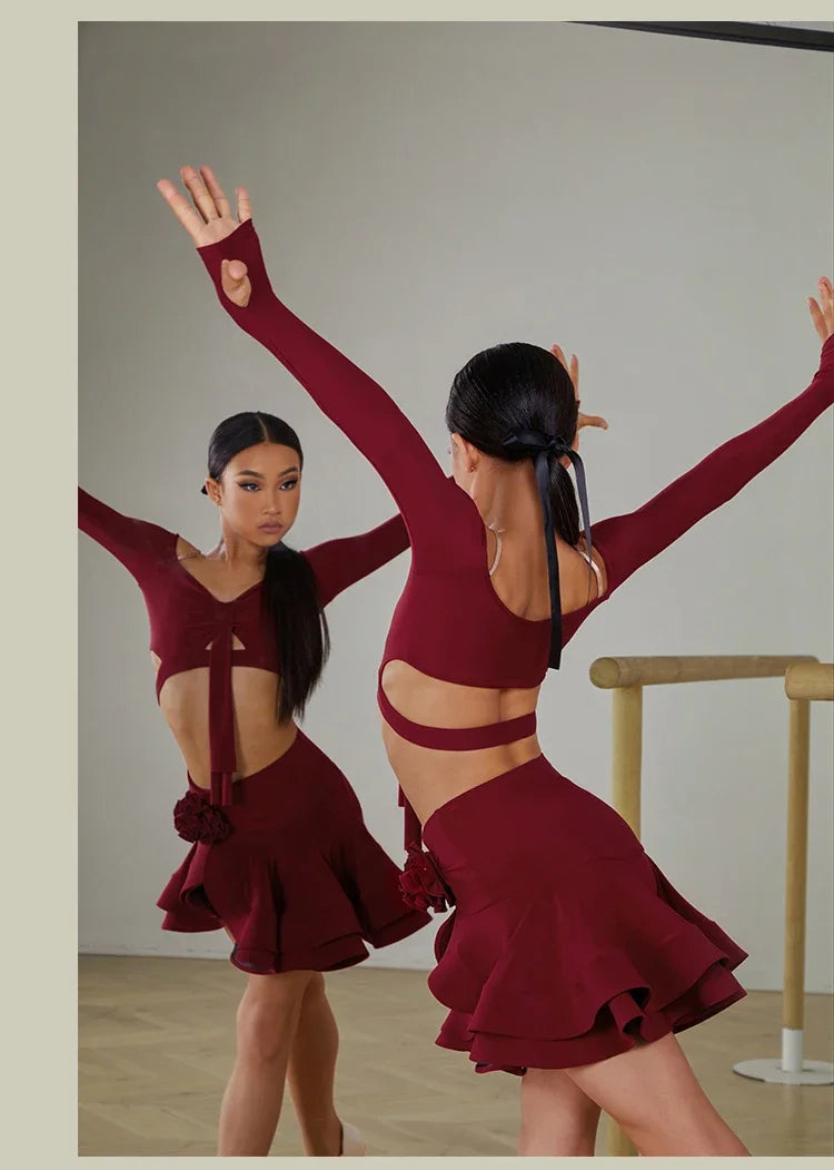 Latin Dance set Clothes Girls Long SLeeves Short Top Skirt Cha cha samba Performance Competition Dress Burgundy Black Dress Kids