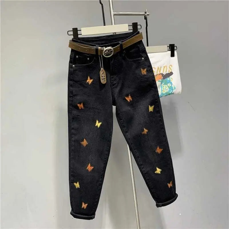 Korean Autumn 2025 New Butterfly Embroidered Denim Radish Loose High Waist Elastic Large Size Cargo Ladies Harlan Pants Women