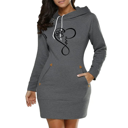Womens Dress Neck Side Zipper Long Sleeve Hooded Sports Skirt Casual Printing Knee-Length Dress European Style Streetwear S-3XL