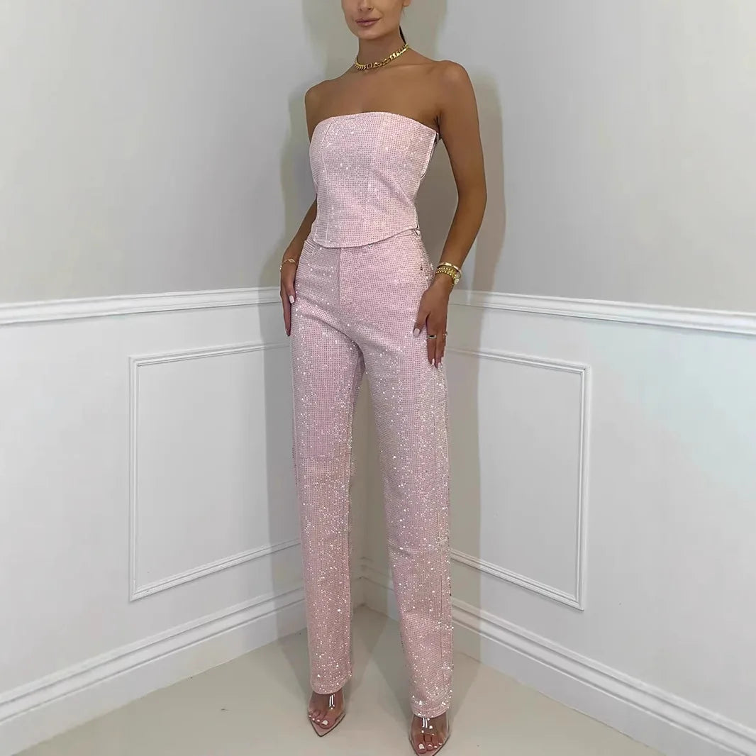 Denim Pant Set Women Two Piece Sets Sexy Strapless Sleeveless Tops Long Pants High Waist Y2k Streetwear Elegant Work 2025/2026