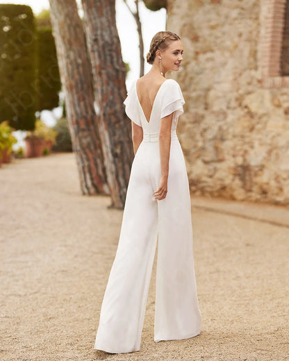 Modern Simple Wedding Dresses with Pants Boho Bridal Gowns Beach Bride Dress Round Neck Short Sleeve Wedding Gowns 2024 Back Out