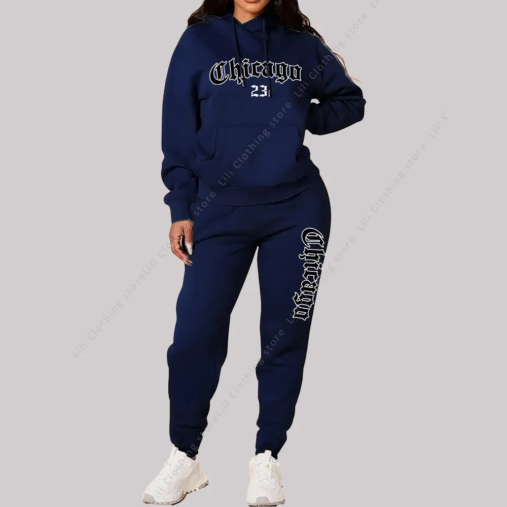 Women's Sets Hoodies Pants 2 Piece Outfits Aesthetic Sportswear Sweatsuit Chicago Graphic Letter Print Plus Size Pink Tracksuit