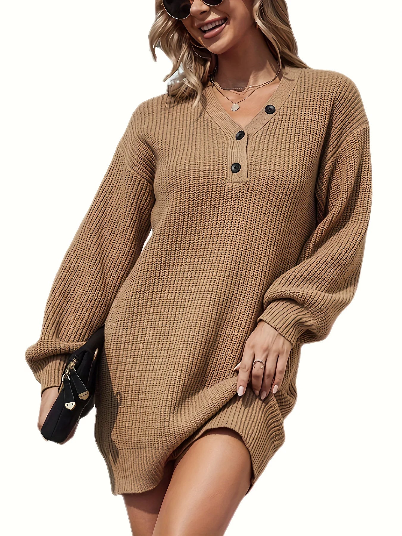 2025 Autumn Winter Loose Mini Sweater Dress Women V Neck Lantern Sleeve Knitted Dresses Streetwear Short Robes Jumpers
