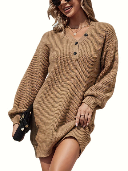 2025 Autumn Winter Loose Mini Sweater Dress Women V Neck Lantern Sleeve Knitted Dresses Streetwear Short Robes Jumpers