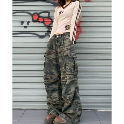 Vintage Women's Jeans Loose-Fit Slimming Casual Wide-Leg Trousers American Style Streetwear Denim Cargo Pants