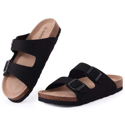 Comwarm Fashion Men Leather Sandals Summer Cork Footbed Slide Sandals Beach Sandals Unisex Brand Sandals with Adjustable Buckle