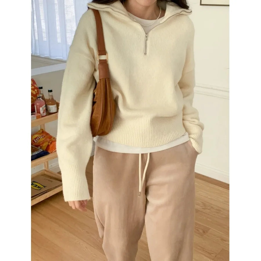 Women's Casual Loose Knitted Sweater Autumn Winter Chic Design Versatile f Zipper Stand Collar  Color Top