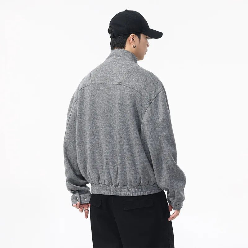 Autumn Winter Woolen Bomber Jacket Men Stand Collar Vintage Fashion Loose Casual Short Cargo Jacket Korean Streetwear Coat