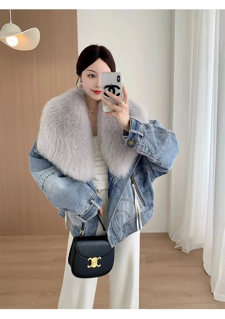 Womens Coats Spring New 100%Natural Real Fox Fur Collar Fashion Short Denim Jacket Luxury Goose Down Puffer Jackets Clothing