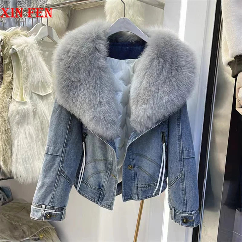 Womens Coats Spring New 100%Natural Real Fox Fur Collar Fashion Short Denim Jacket Luxury Goose Down Puffer Jackets Clothing
