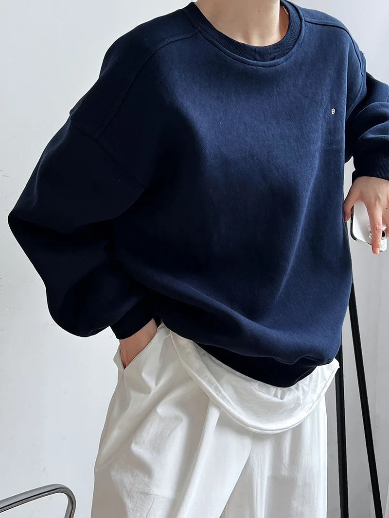 NS Pure Color Lazy Loose BF Hoodie Women's Simple Shape Sweatshirt Long Sleeve Letter Embroidery Top Casual Style Cotton Blend