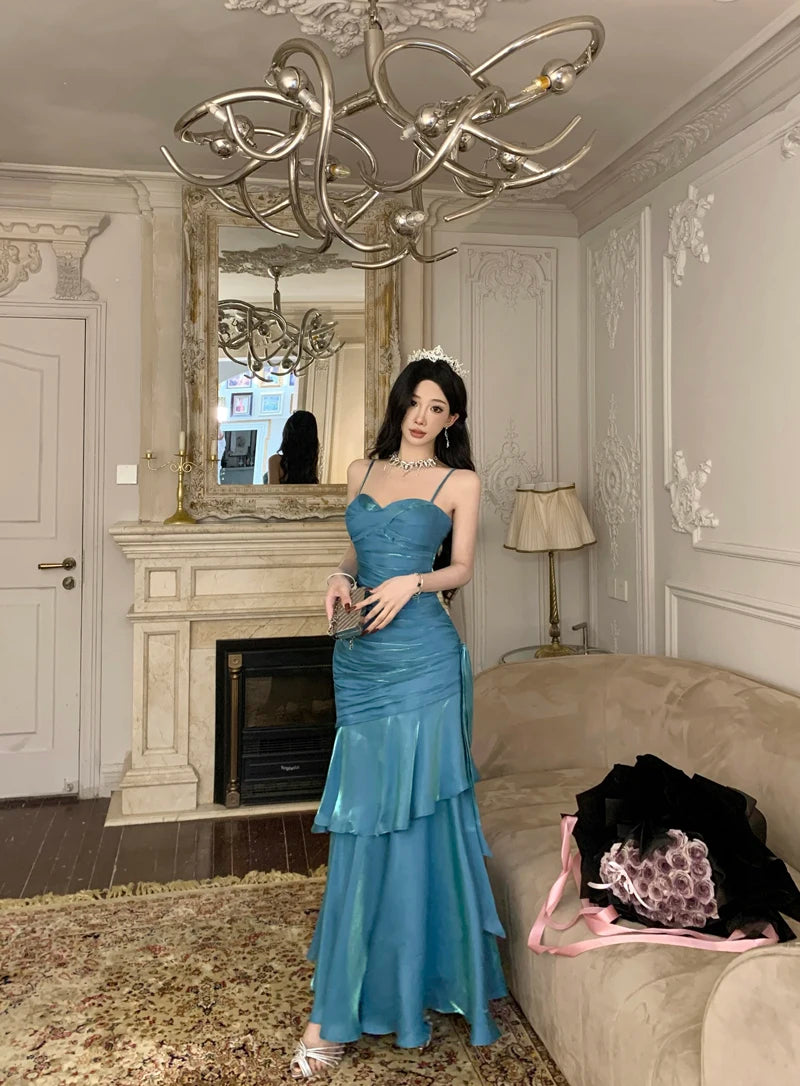 Sexy Solid Spaghetti Strap Sleeveless Evening Dresses Elegant Ruffles Party Long Dress For Women Summer Slim Beach New Vestidos