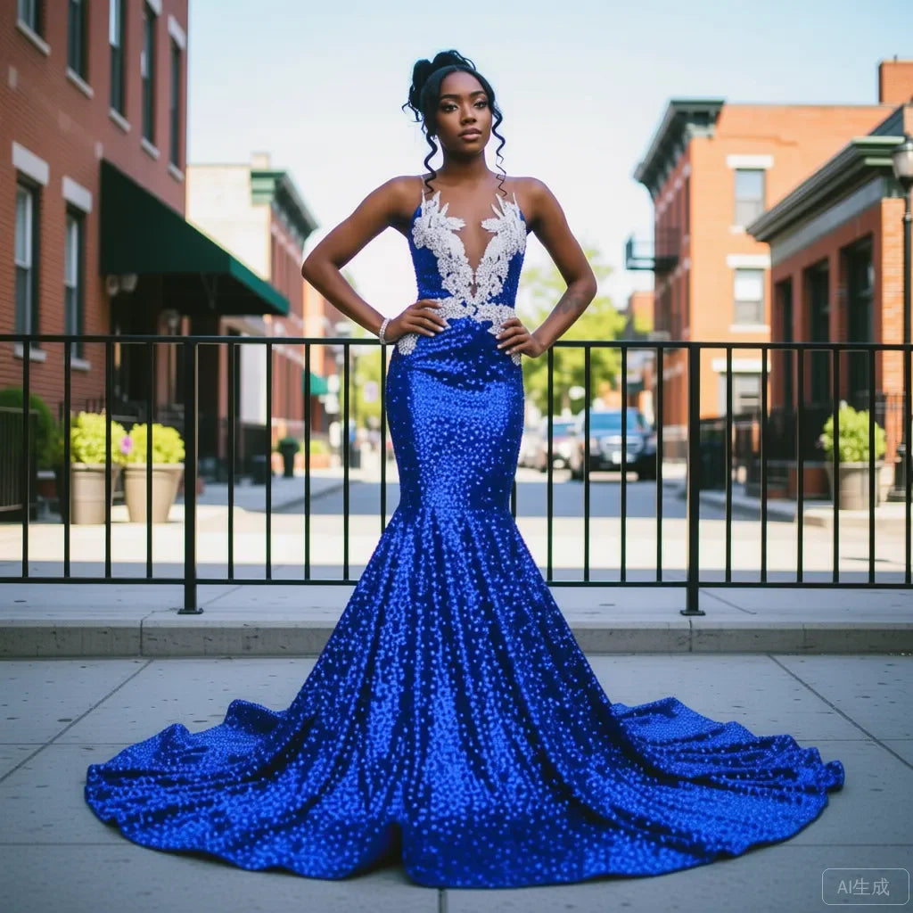 Royal Blue Sequin Mermaid Prom Dress with White Lace Applique Deep V Neck Long Train Formal Evening Gown for Graduation Party