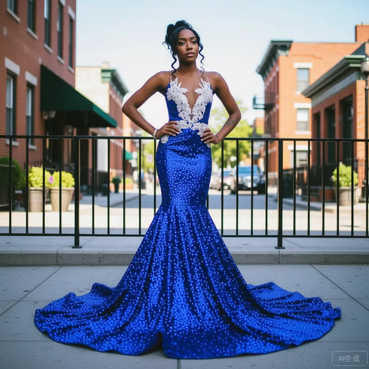 Royal Blue Sequin Mermaid Prom Dress with White Lace Applique Deep V Neck Long Train Formal Evening Gown for Graduation Party
