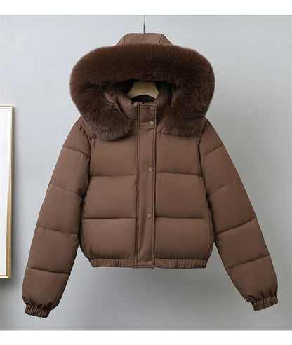 Winter Short Parkas Women's Cotton-padded Clothes Add Velvet Thicken Outerwear Fur Collar Removable Hooded Coats Warm Jackets