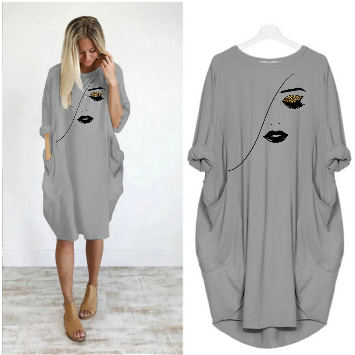 Women's Spring and Summer Sketched Portrait Pattern Printed Casual Fashion Loose Large Size Long Sleeve Pocket Dress