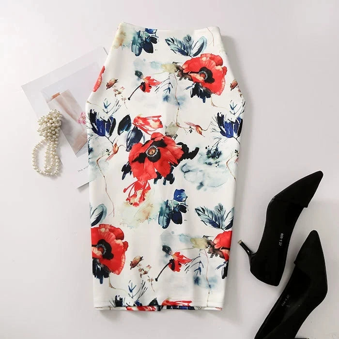 Women Vintage Flower Print Bodycon Skirt Slim Midi Sexy Elegant Pencil Skirt Bag Hip Bandage Skirt Hip Wrap Lolita Short Skirt