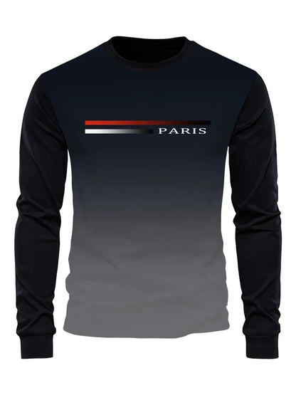 Men's Spring And Fall Fashion Casual Long-sleeved T-shirt Loose PARIS Letters Printed Pullover Round Neck Long Sleeve Sweatshirt