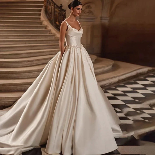 Elegant Ivory Spaghetti Straps With Pearls Wedding Dress Pleated Princess vestidos de novia Customized Satin Ball Gown Plus Size