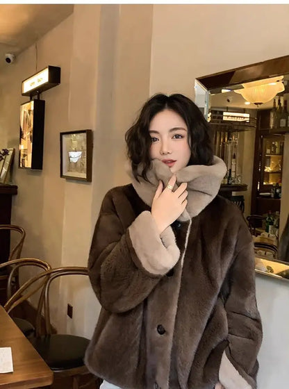 2025 New Coffee Colored Faux Mink Fur Spliced Lapel Fur Coat for Women Young and Loose