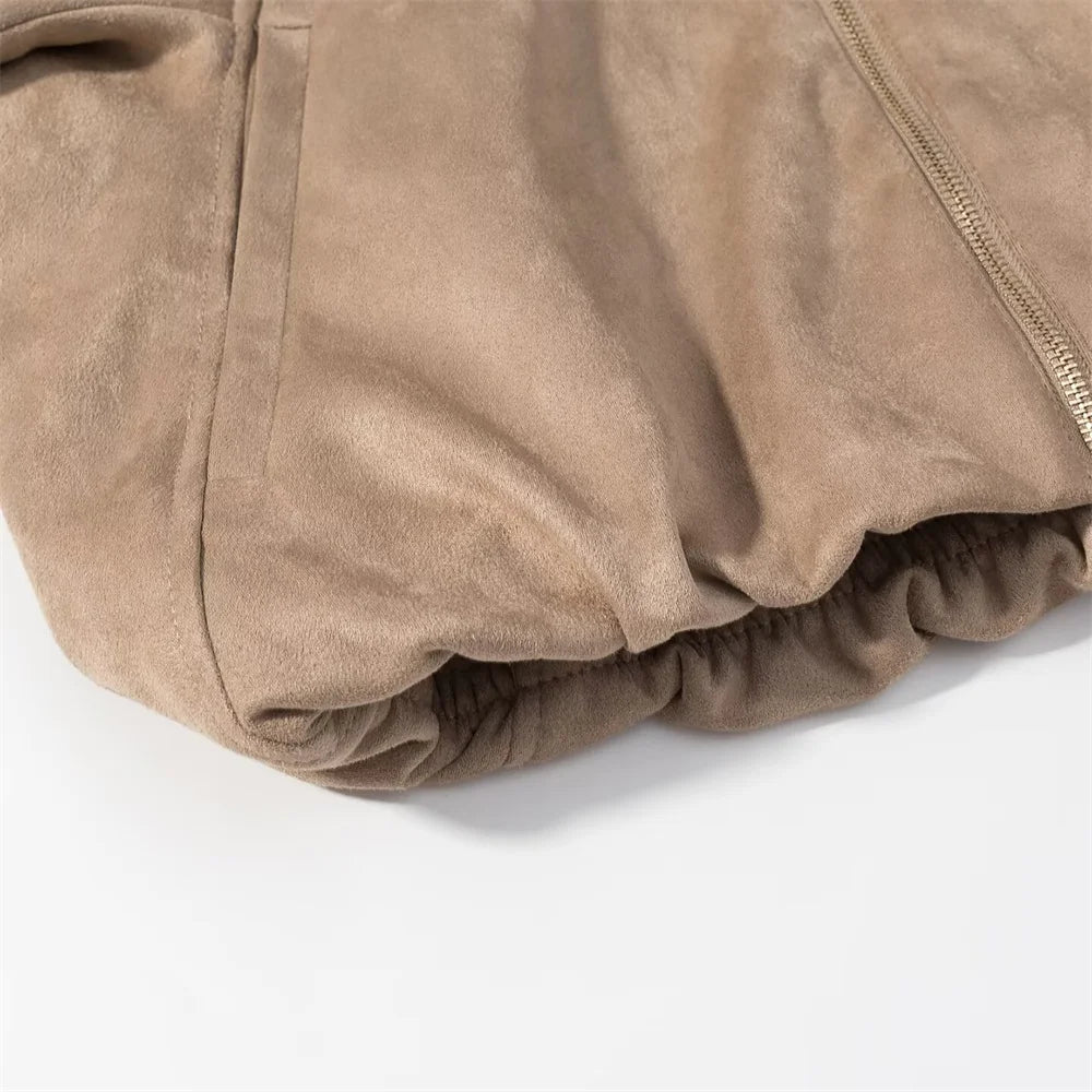 New autumn and winter women's casual loose suede texture effect hooded long sleeved solid color pilot jacket jacket