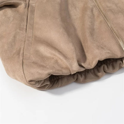 New autumn and winter women's casual loose suede texture effect hooded long sleeved solid color pilot jacket jacket