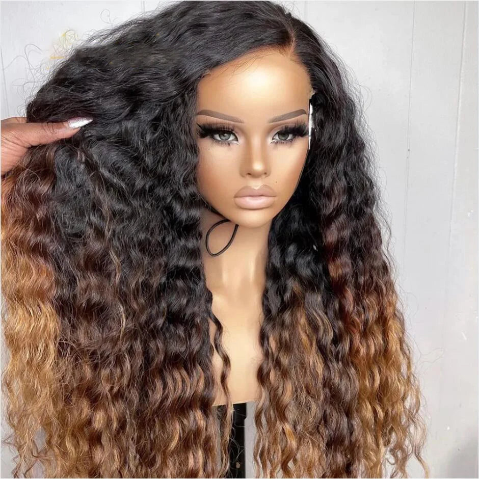 Soft 26Long Ombre Blonde Brown Kinky Curly 180Density Lace Front Wig For Black Women Babyhair SyntheticHeat Resistant Preplucked