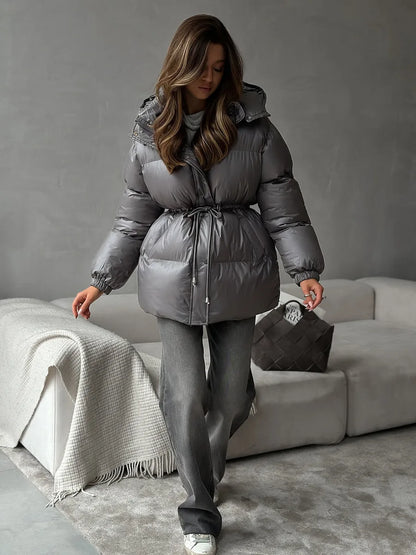 Bornladies Drawstring Slim Fit Cotton Jacket Women's  Winter New Hooded Zipper Cotton Robe Comfortable Warm Bread Jacket