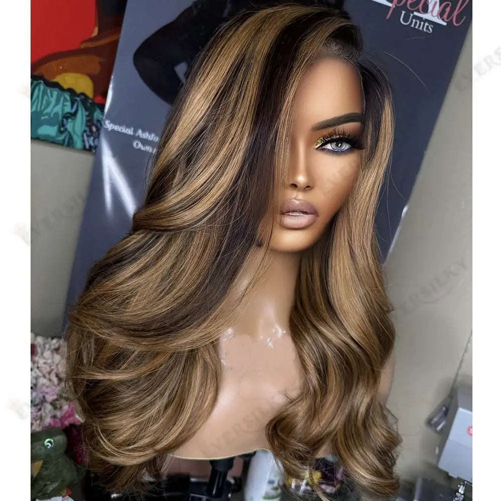100%Human Hair Honey Brown Hightlight 13x6 Lace Front Wigs Natural Hairline Black Women Glueless 5x5 HD Lace Wigs Full Lace Wigs