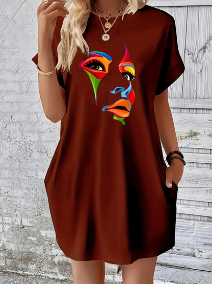 Women's Summer Loose Abstract Face Print Round Neck Short Sleeve Pocket Comfortable Casual Plus Size Dress